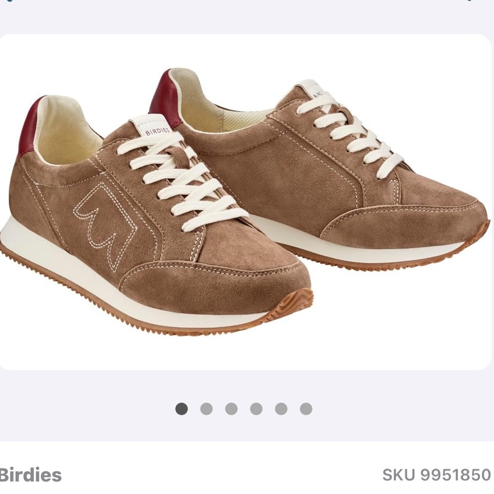 Birdies Taupe Suede Sneakers with White Laces and Burgundy Heel